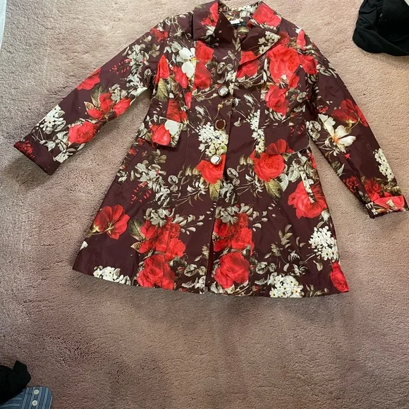 Floral Red and Brown Women's rain type jacket-Coat - Picture 1 of 8